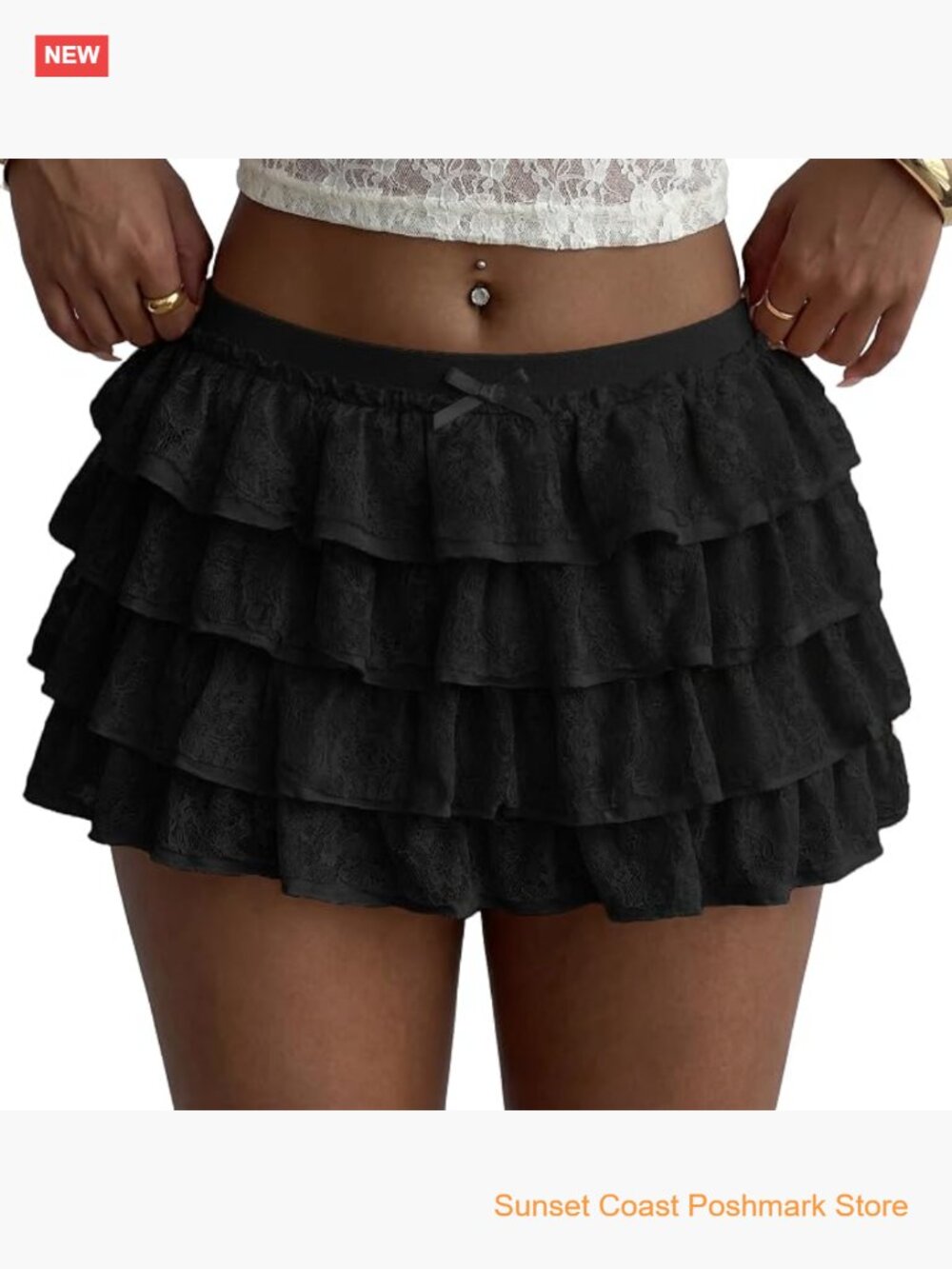 Lace Tiered Ruffle Mini Skort with Built-in Shorts High Waist Bow Detail